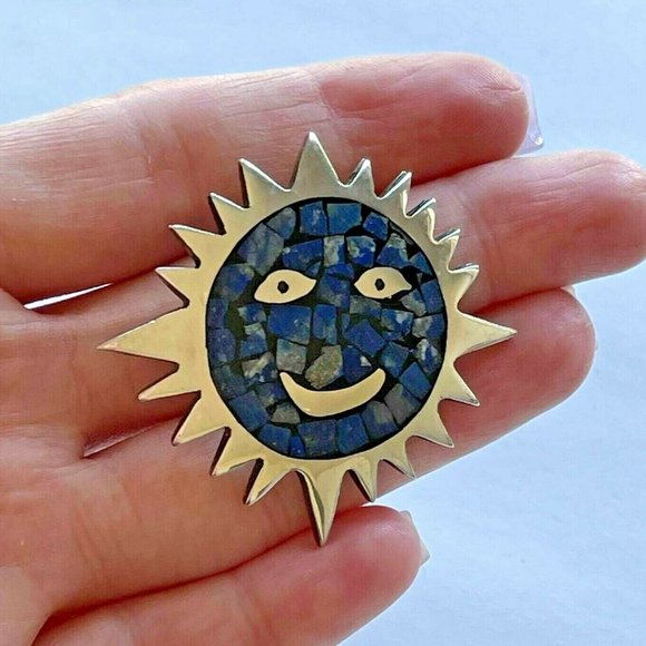 VTG Carlos Mexico 925 Sterling Blue Stone Smiley Face Sunray Brooch Pin - Picture 2 of 4